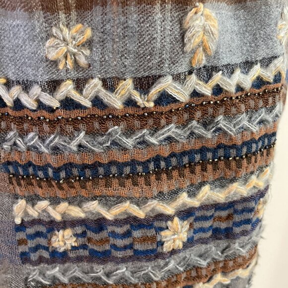 Vintage Wool Blend Scarf Wrap Embroidered Beaded Floral Fringe 26” x 74” Boho - Picture 3 of 10